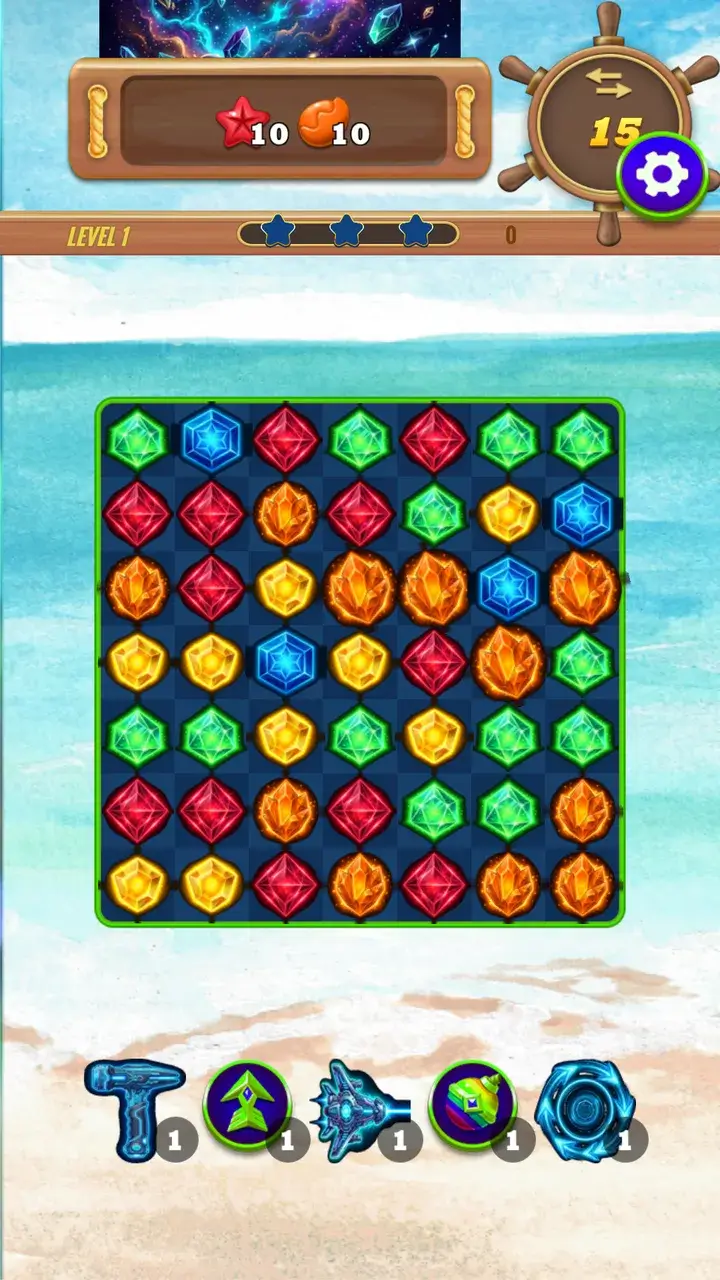 Match-3 board filled with glowing crystals